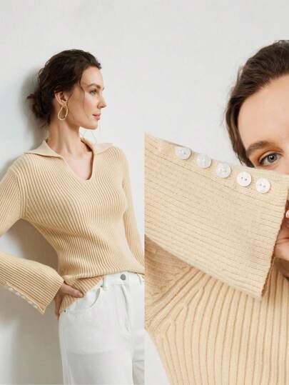  Uhlyne Women's Minimalist Formal Blouse, Soft Knit Sweater Top With Elegant High-End Small Button Closure, Suitable For Autumn/Winter Ribbed Knit Top Ribbed Sweater Knit Top Women Women Ribbed Sweater Knit Pullover Fall