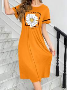 SHEIN Box Letter Daisy Print Casual Minimalist Short Sleeve Women Nightgown, Moo Moo - Yellow - View 3