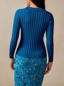 Chiquease Ribbed Fitted Knit Undershirt, Green Bohemian Layering Sweater Top Preppy Tops Golf For Women Fall Winter For Women - Navy Blue - View 2