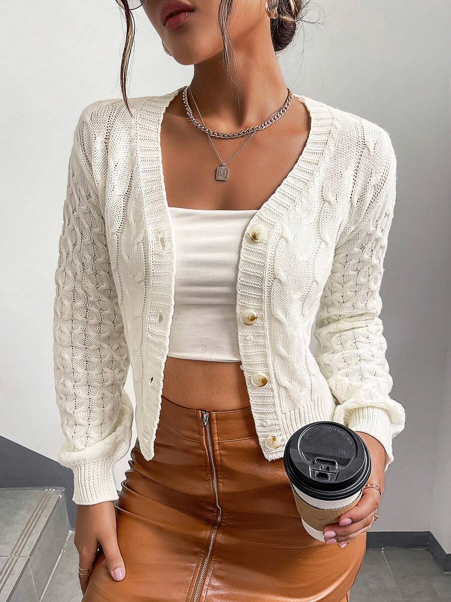 EURMUSE Plus Size Cable Flower Pattern Long Sleeve Single Breasted Casual Cropped Cardigan - White - View 1