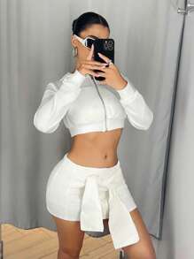 SHEIN ICON American Women Low Waist Knotted Cargo Mini Skirt, White - White - View 5