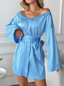 INAWLY 女士休闲优雅约会之夜时尚梭织素色缎面巴多 A 字形系腰迷你连衣裙，带蝴蝶结，长袖，春秋装 - 藍色 - 查看 1