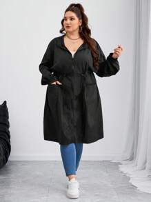 SHEIN CURVE+ Curves Plus Size/Chool Clothes/Back To School Clothes /Back To SchoolPlus Size Women Black Gathered Waist Long Trench Coat, Autumn/Winter Fall