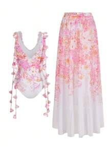 Swim Oasis Women's Romantic Floral Gradient Print One-Piece Set With 3D Flower And Tassel Decor For Summer Beach Vacation