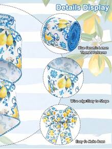 2 Rolls Lemon Wired Edge 2.5inch Yards Blue Tile Lemon Fabric Craft Ribbon For Spring Summer Shower Birthday Gift Wrapping Wreath Bow DIY Crafts