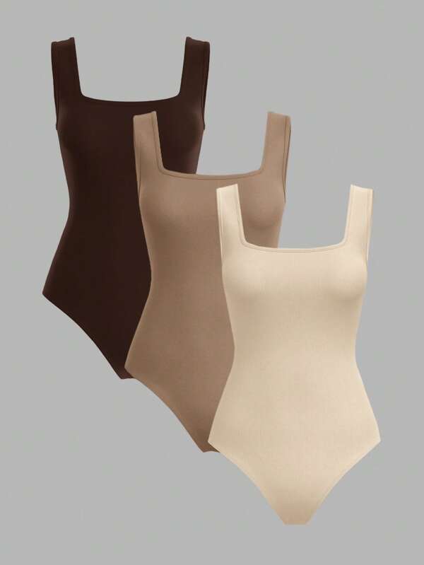 SHEIN BASICS 3 Stücke/Set lässiger, einfarbiger gestrickter Off-Shoulder Bodysuit für Damen