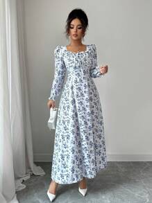 SHEIN Raffinéa Elegantes langes Kleid mit Muster für Damen - Blau-Weiß - Übersicht 4