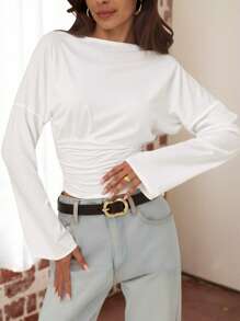 INAWLY 大码女式纯色腰部褶饰落肩长袖T恤 - 白色 - 查看 1