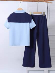 3 件套青少年女孩粉色衬衫搭配玫瑰色披肩和休闲长裤春夏新款韩版休闲装 - 藍色 - 查看 2