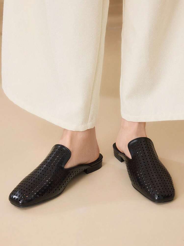 FASHIONABLE AND COMFORTABLE LASER HOLLOW SQUARE TOE SLIP-ON MULES SANDALS, LIGHTWEIGHT FLAT SHOES FOR SUMMER