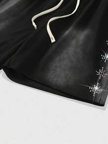 ROMWE MEN Street Life Men's Drawstring Waist Pocketed Casual Rhinestone Decor Shorts - Black - View 5