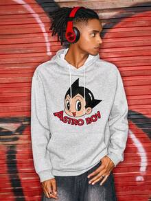 ROMWE MEN Astro Boy X ROMWE Cartoon Graphic Grey Hoodie Sweatshirt, Vintage Cartoon Pattern Versatile Top - Light Grey - View 4