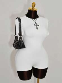 Amplova Plus Size Women 2pcs Set: Crew Neck Bodycon Romper With Metal Button Decor Waistband - Black and White - View 3