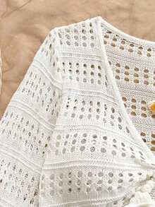 Soleia 休闲度假西部海滩婚礼宾客服装、毕业早午餐、圣帕特里克节春假复活节音乐节优雅波西米亚热带优雅抽绳系腰镂空女士毛衣女士蕾丝上衣波西米亚风上衣女士钩针衬衫 - 白色 - 查看 4