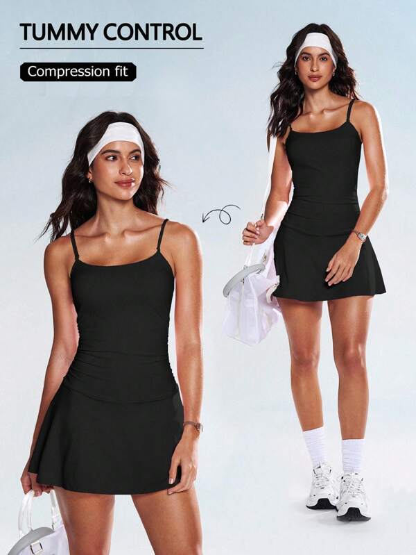 Easify SHEIN Sport Women's Fashionable Elegant Spaghetti Strap Waist Ruched Fitted Natural Flare Mini Dress, Suitable With Leggings Black Tennis Dress Activewear Dress Gym Dress Athleisure Dress