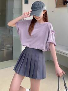 DAZY 女士丝带装饰蝴蝶结刺绣宽松短袖T恤超大T恤 - 紫色 - 查看 2