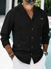 Manfinity Homme Men's Letter Patched Long Sleeve Single-Breasted Drawstring Hooded Shacket, Fall - Black - View 6