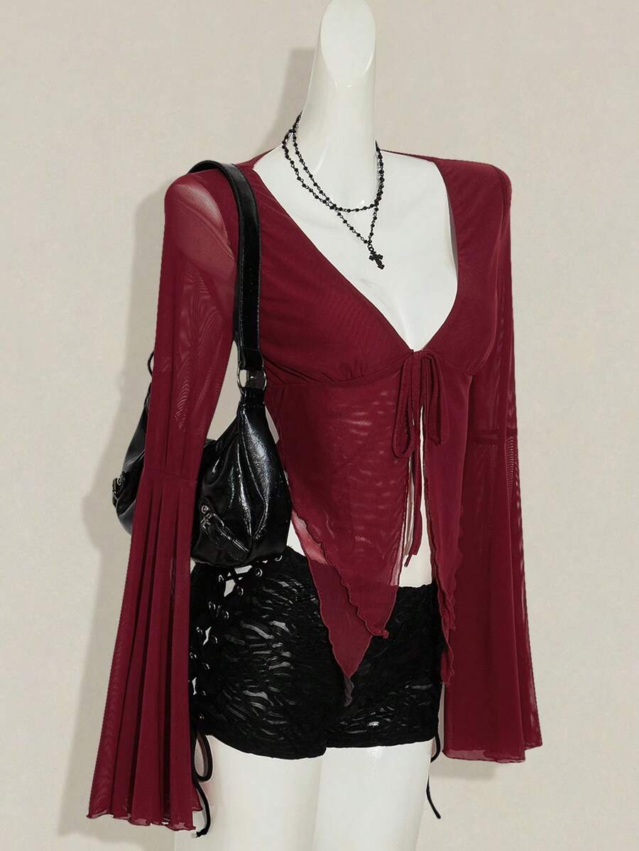 SHEIN ICON Y2k Fall Women's Western Burgundy Long Sleeve Going Out Solid Color Front Tie Flare Sleeve Fashionable T-Shirt - Burgundy - View 1