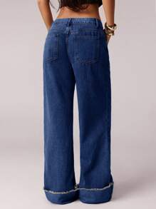 SHEIN Forever 21 女士牛仔裤 低腰牛仔裤 商务休闲女士 Y2k 阔腿裤 办公室女士 宽松裤 夏季裤子 休闲女士蓝色牛仔裤 夏季女士裤子 牛仔裤 嬉皮女士服装 - 寶藍色 - 查看 5