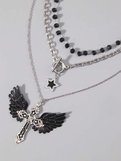3pcs/Set Gothic Fashion Crystal, Dark Cross, Pentagram Pendant Necklace Set For Women, Perfect For Daily Wear, Halloween