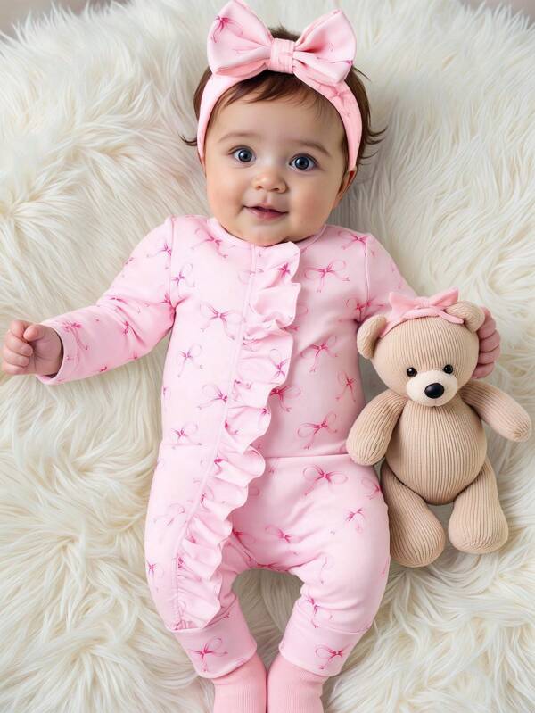 SHEIN Neugeborenen Süßer Schleifendruck Reißverschluss Romper Fotoshooting Outfit