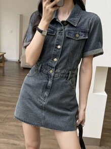 DAZY 女士牛仔短袖连衣裙，休闲时尚，适合日常穿着