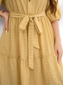 Modelyn Plus Size Women's Belted Square Neck Cake Skirt - Yellow - View 8