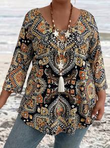 EMERY ROSE T-shirt casual larga da donna con scollo tondo e stampa floreale, maniche a 3/4, perfetta per le vacanze, magliette da donna con grafica - nero - Visualizzare 6