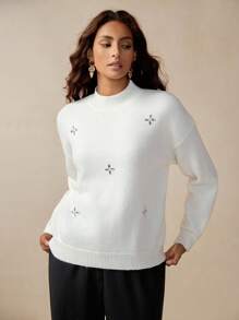 Florisole Elegant Diamond Decor Knitted Loose Bohemian White Pullover Sweater For Women,Autumn Dining Solid Color Winter Jumper,Fall Cloth Sweaters For Women - White - View 5