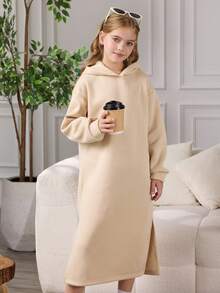 青少年女孩字母印花连帽领长袖连衣裙 - 卡其色 - 查看 3