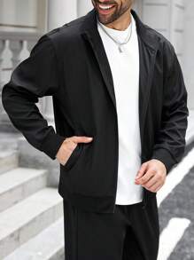 Manfinity Homme 大码男士休闲纯色户外风衣夹克，男士拉链夹克，男士黑色拉链夹克，男士黑色夹克，秋季 - 黑色 - 查看 6
