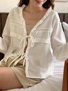 DAZY Blusa Feminina de Verão com Babados, Renda e Recortes, de Manga Longa - Bege - Visão 1
