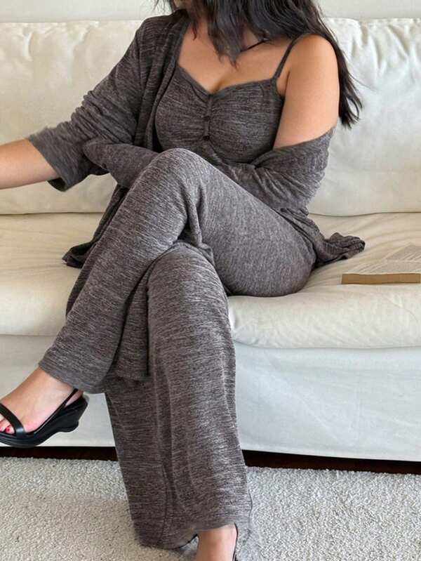 Dazy Plus 三件套柔软针织睡袍、吊带背心和休闲裤套装，大码睡衣套装，秋冬服装，舒适家居服