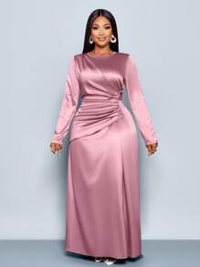 SOLERSUN Women's Elegant Solid Color Ruched Side Satin Bodycon Dress,Suitable For Dating Party Maxi Women Outfit Fall Cloth For Women