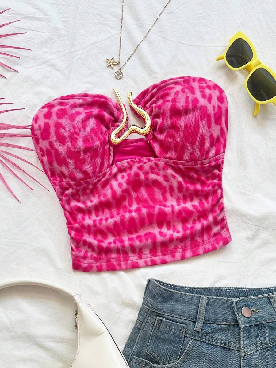 Soleia 女士度假白色针织纹理紧身胸衣上衣，带金属心形镂空装饰，修身剪裁，适合派对、约会、下午茶、海滩、音乐节 - 彩色 - 查看 1