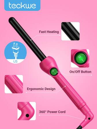 Teckwe 1pc Ceramic Curling Iron, Curling Wand For Long Short Hair, Dual Voltage, Negative Ions, Tapered Barrel, User Friendly, Pink-US Plug