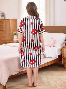 SHEIN 女童仿丝条纹红唇印花衬衫裙 - 彩色 - 查看 2