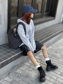 DAZY 少女宽松格子拼接卫衣，休闲宽松格子设计，秋季休闲风，宽松格子，秋季 - 灰色 - 查看 8