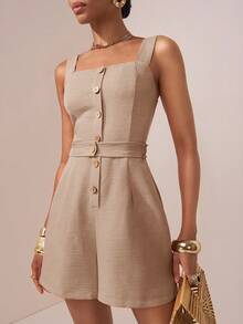 Zivah 2026 Summer New Music Festival, Easter, Mother's Day, Wedding Season, Attend Wedding, Birthday Party, Daily Casual, Basic Versatile, Leisure, Cruise Travel, Beach, Sunbathing, Viral , Street Style, Elegant, Commute, Business Casual, Bamboo Node, Linen, Drawstring, Button Front, Pockets, Brick Red Women Jumpsuit