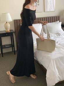 DAZY 女式露肩褶饰紧身中长连衣裙 - 黑色 - 查看 2