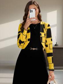 SHEIN Clasi Geo Print Open Front Crop Blazer In Fall/Winter - Multicolor - View 5