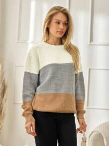 SHEIN Tall 高码女式休闲宽松圆领拼色百搭秋季毛衣商务休闲女式，假日乡村上衣 - 彩色 - 查看 4