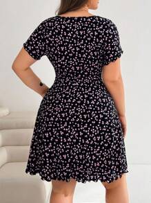 Solflare Đầm thường ngày buộc dây cổ chữ V họa tiết hoa cỡ lớn cho nữ - màu đen - Xem 2