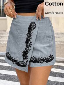 SHEIN Frenchy Quần short nữ thêu chữ thập thanh lịch, thường ngày, mùa hè - Màu xanh nhạt - Xem 7