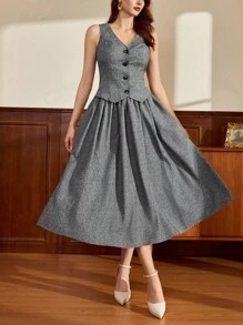 Vintamour Conjunto de traje de mujer vintage clásico y elegante con Top tipo chaleco, falda acampanada con bolsillos - Gris - Ver 1