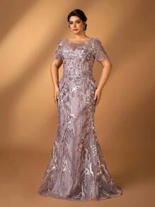 Serin Plus Size Elegant And Gorgeous Lotus Pink Round Neck Short Sleeves Sequin Embroidery Luxury Drilling Beading Craftsmanship Slim Fishtail Hem Suitable For Dinner Bachelorette Party Date Holiday Dance Wedding Event Bride Mother Dress Formal Dresses For Wedding Guest