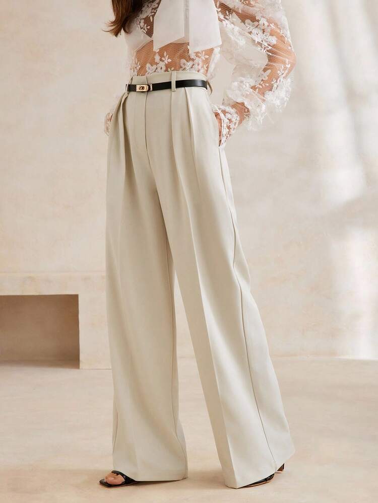 Spring New Apricot Wide Leg Pants, Fashionable, Elegant, Suitable For Commuting, With Black Belt