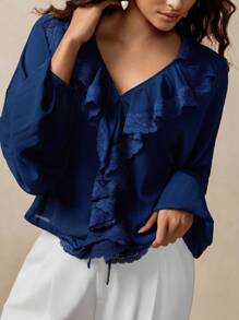Florisole Áo cánh tay đèn lồng cổ điển cho nữ, viền bèo nhún ren, màu xanh navy, áo cánh bèo nhún xuân/thu, áo cánh màu xanh, viền ren, áo cánh nữ - Màu xanh hải quân - Xem 2