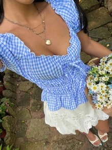 Sunnyshic Camiseta a cuadros casual para mujer, cintura ceñida ceñuda, decoración con lazo