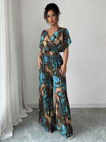 Elenzga Women's Elegant Floral Print Pleated Jumpsuit For Commuting - Multicolor - View 3